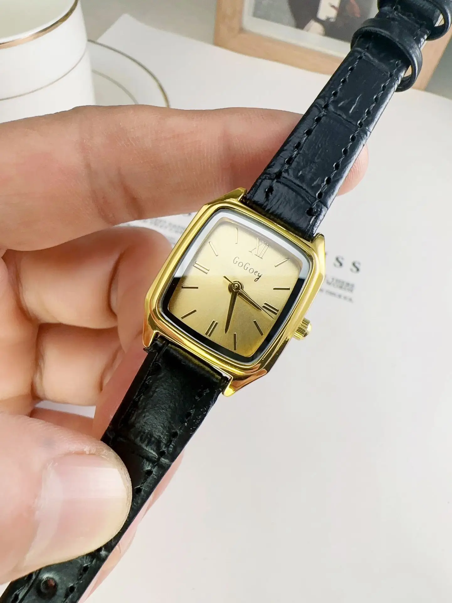 Women's Square Gold Faced Quartz Watch with Brown Leather Belt - Image 3