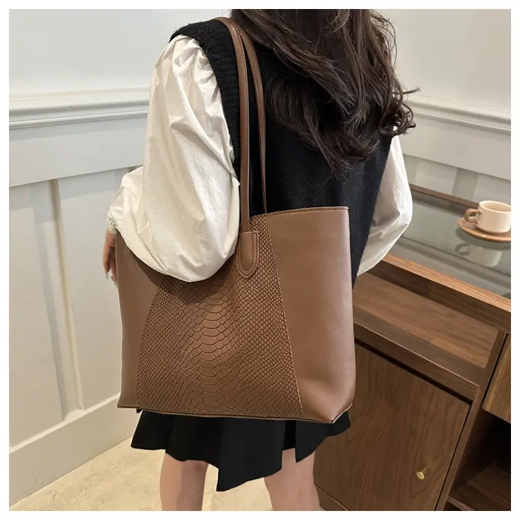 Brown Crocodile-Textured Shoulder Bag for Women — feature 15
