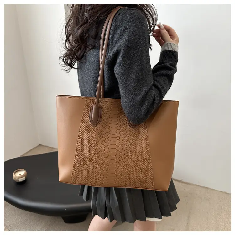 Brown Crocodile-Textured Shoulder Bag for Women — feature 7