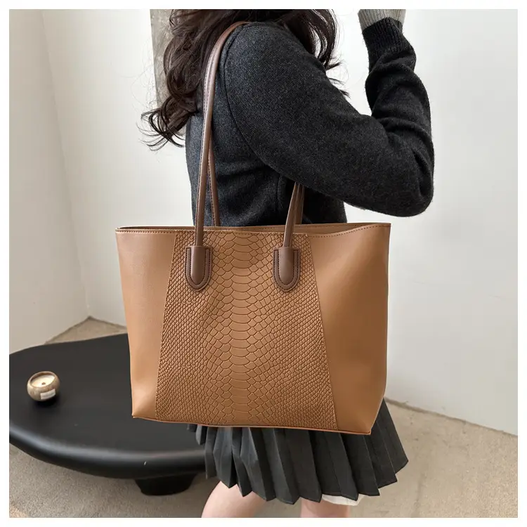 Brown Crocodile-Textured Shoulder Bag for Women — feature 8