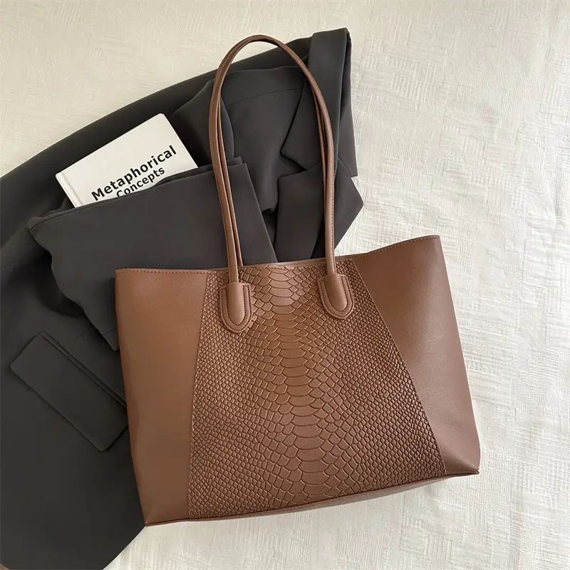 Brown Crocodile-Textured Shoulder Bag for Women - Image 3