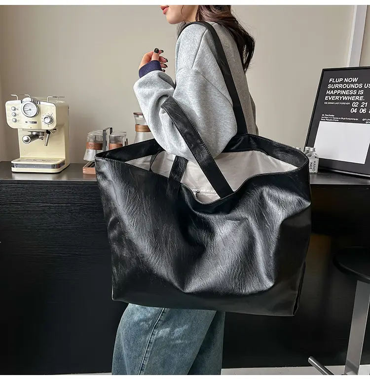 Black Leather Cross-Body Tote Bag Large Capacity — feature 21