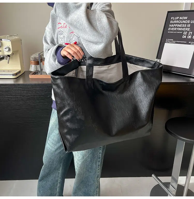 Black Leather Cross-Body Tote Bag Large Capacity — feature 22