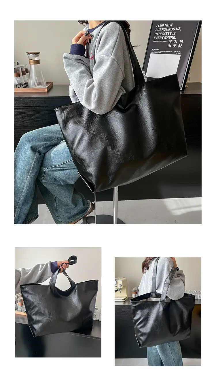 Black Leather Cross-Body Tote Bag Large Capacity — feature 6
