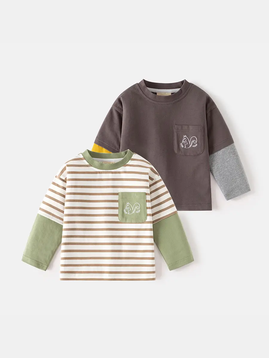 Children's Brown Long Sleeve T-Shirt with Yellow & Grey Sleeves - Image 3