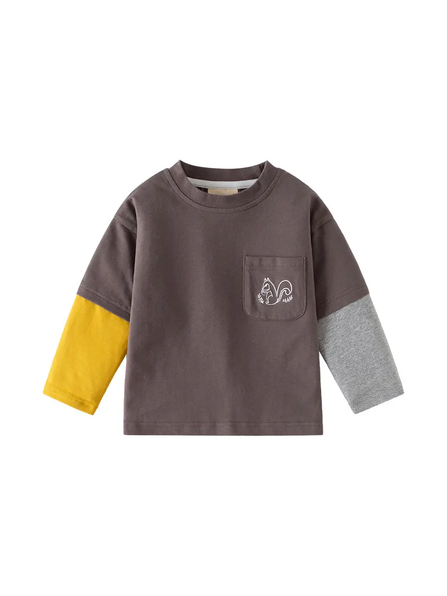 Children's Brown Long Sleeve T-Shirt with Yellow & Grey Sleeves - Image 7