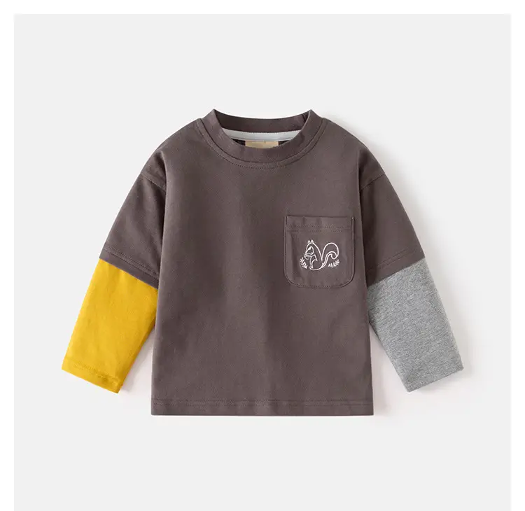 Children's Brown Long Sleeve T-Shirt with Yellow & Grey Sleeves — feature 10