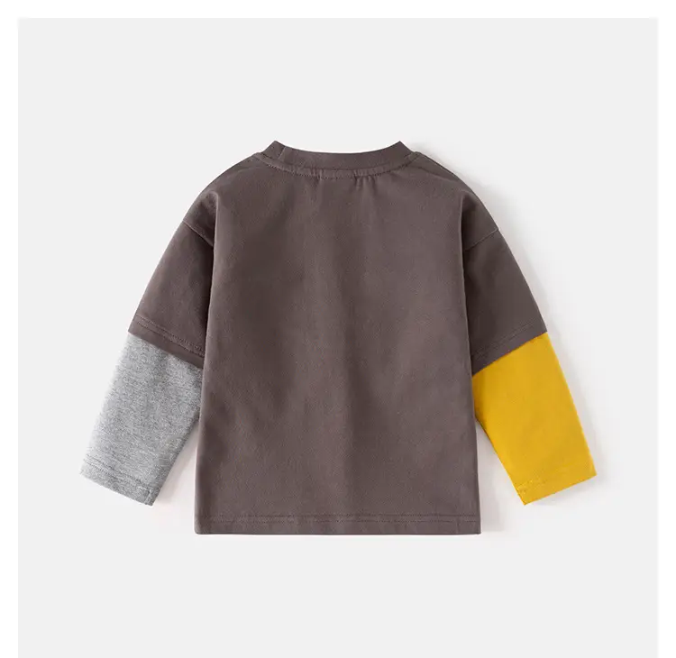 Children's Brown Long Sleeve T-Shirt with Yellow & Grey Sleeves — feature 11