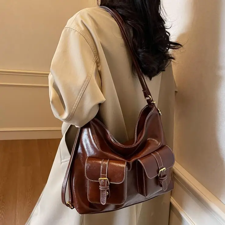 Women's Beige Retro Fashion Shoulder Bag with 2 Pockets