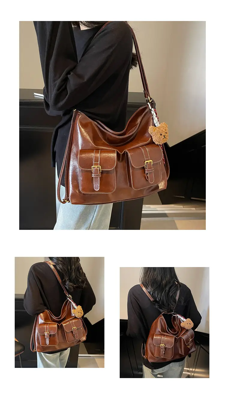 Women's Beige Retro Fashion Shoulder Bag with 2 Pockets — feature 14