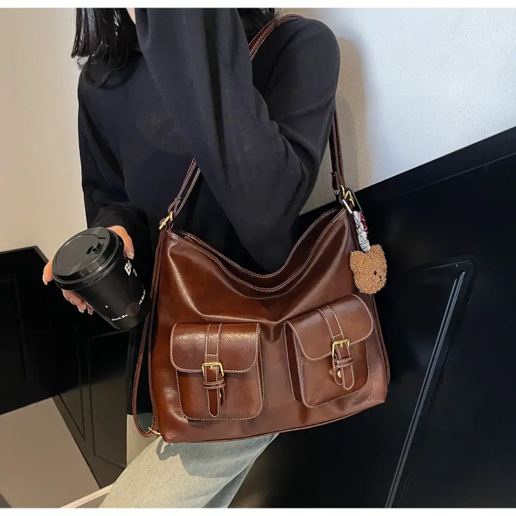 Women's Beige Retro Fashion Shoulder Bag with 2 Pockets — feature 20