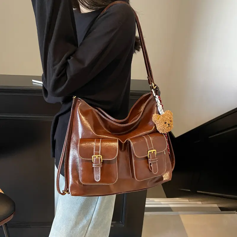 Women's Beige Retro Fashion Shoulder Bag with 2 Pockets
