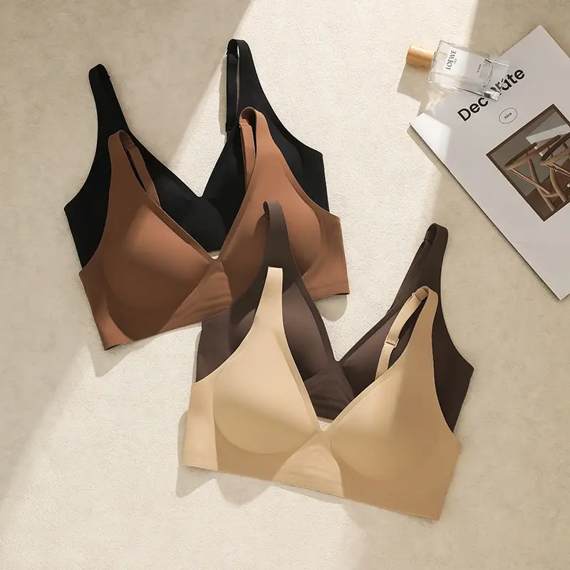 Semi-fixed cup jelly strip soft support no steel ring bra small chest gathered seamless underwear women's Wireless bra