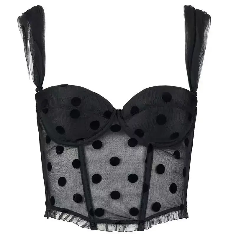 Black Polka Dot Mesh Push Up Bra Vest Style - Image 6