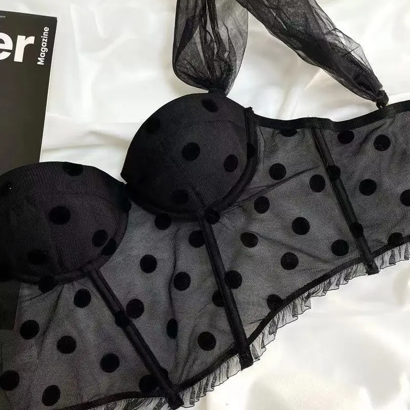 Black Polka Dot Mesh Push Up Bra Vest Style — feature 10
