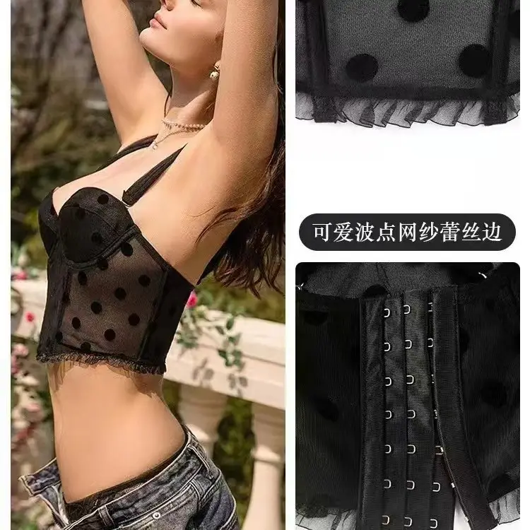 Black Polka Dot Mesh Push Up Bra Vest Style — feature 2