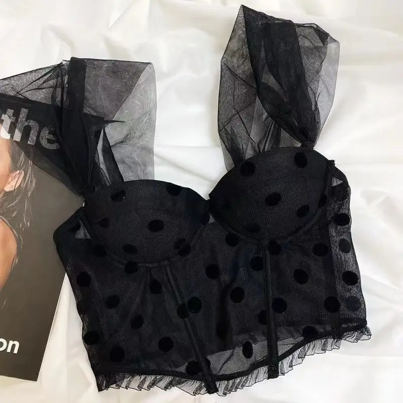 Black Polka Dot Mesh Push Up Bra Vest Style — feature 9