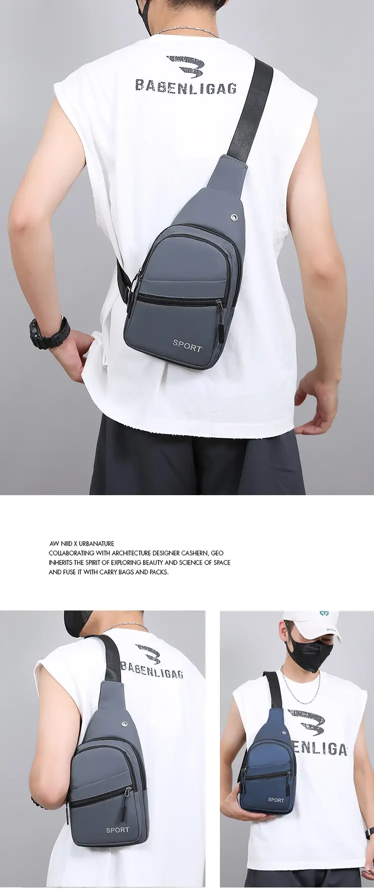 Men's Grey Crossbody Chest Bag Sporty Design — feature 11