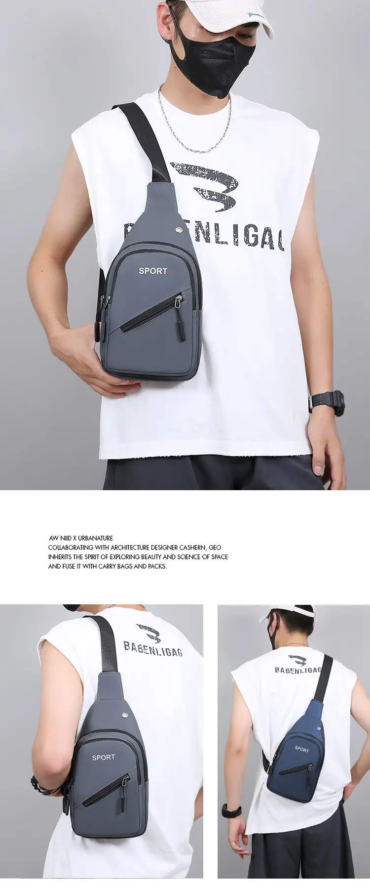 Men's Blue Sports Crossbody Bag with 3 Straps — feature 12