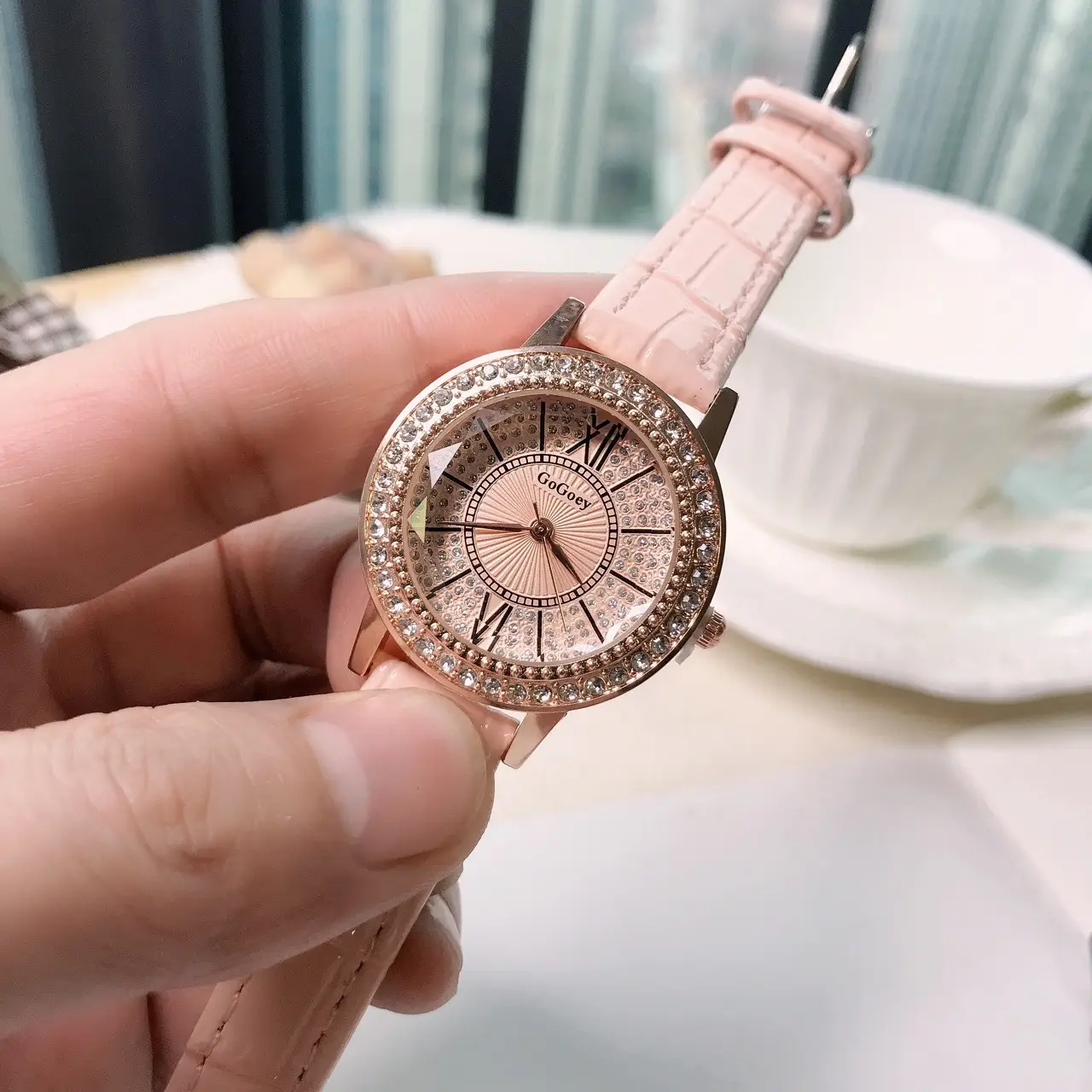 Women's Full Diamond Watch with Beige Belt