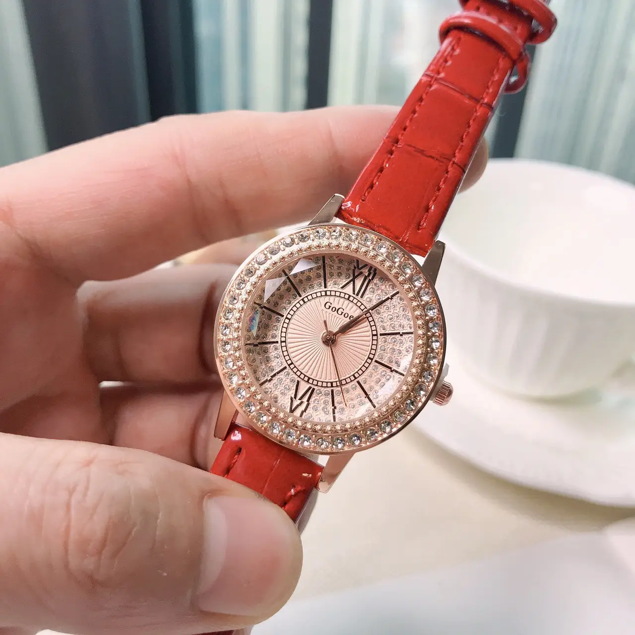 Women's Full Diamond Watch with Beige Belt