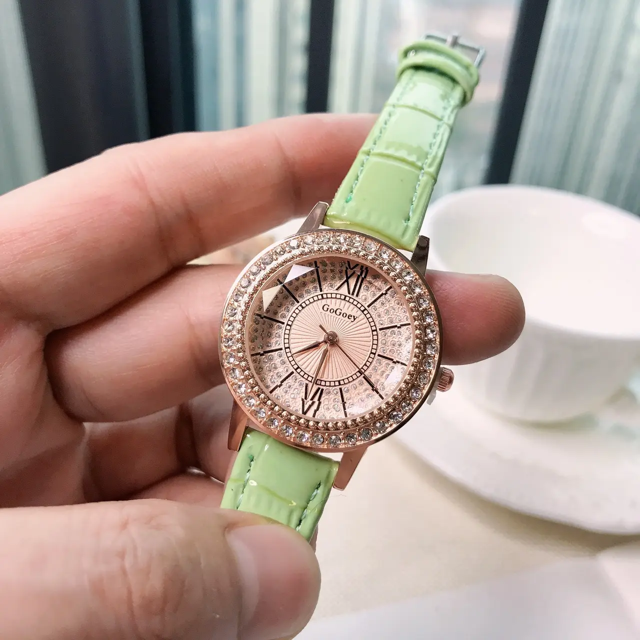Women's Full Diamond Watch with Beige Belt