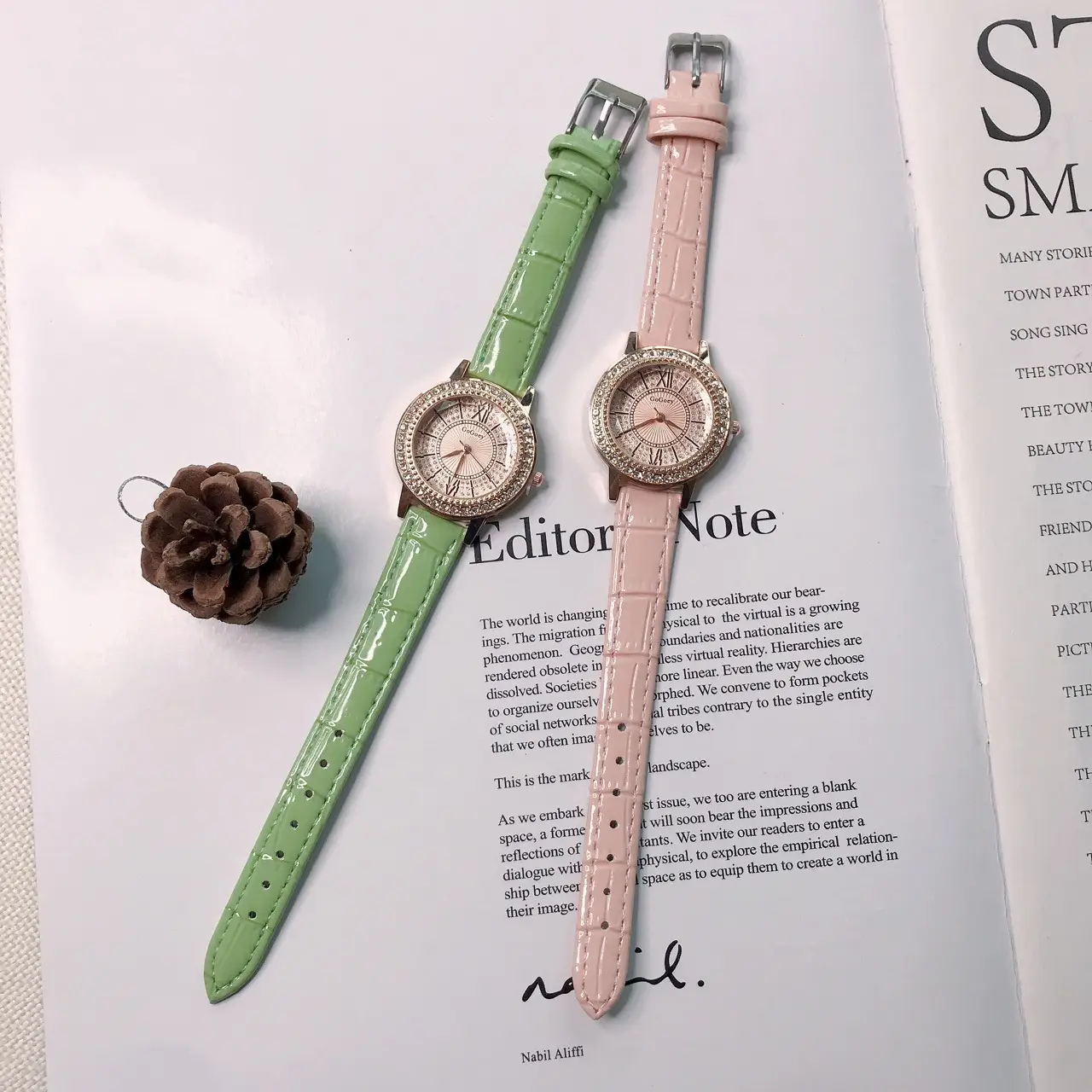 Women's Full Diamond Watch with Beige Belt — feature 3