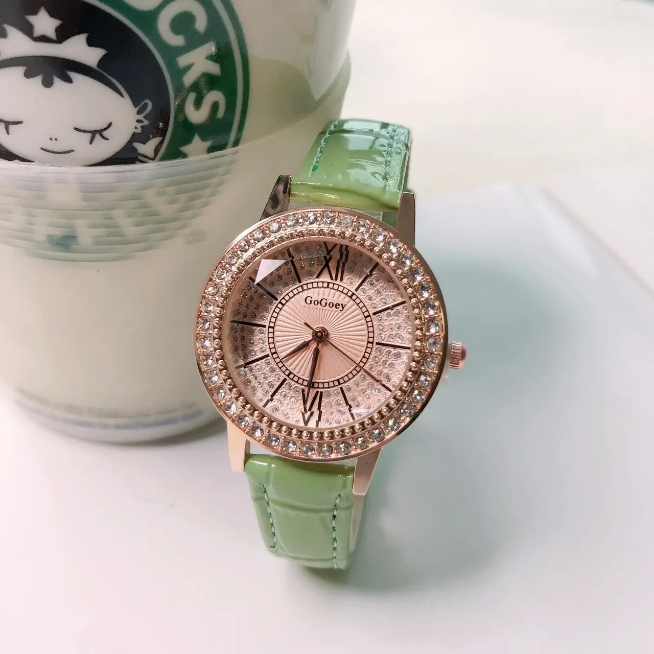 Women's Full Diamond Watch with Beige Belt — feature 4