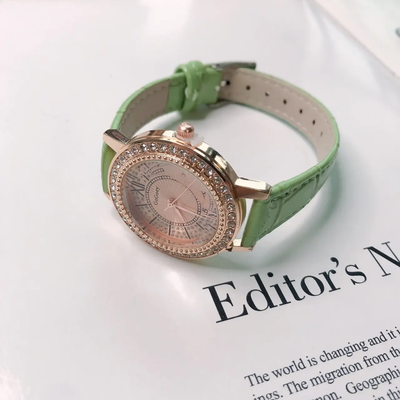 Women's Full Diamond Watch with Beige Belt — feature 5