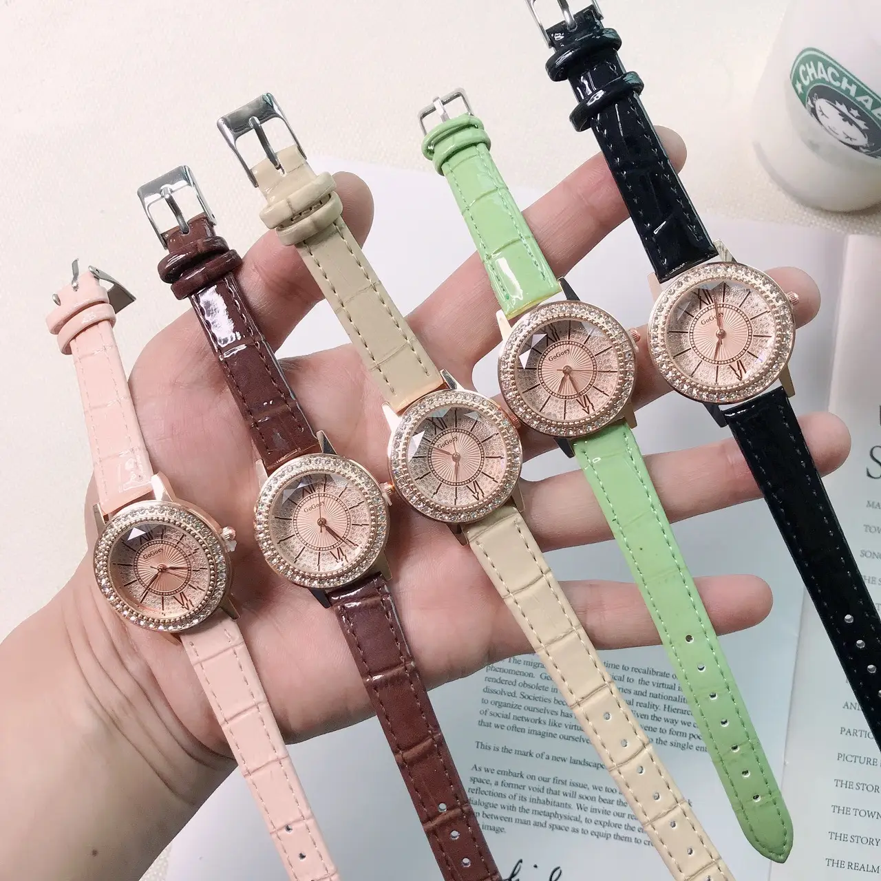 Women's Full Diamond Watch with Beige Belt — feature 7