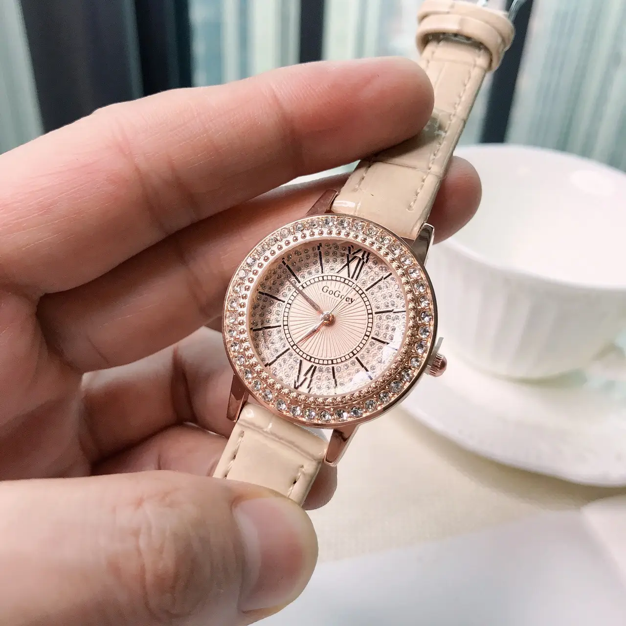 Women's Full Diamond Watch with Beige Belt