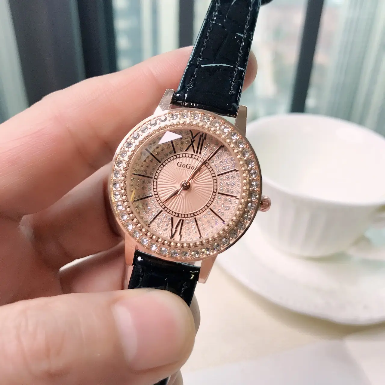 Women's Full Diamond Watch with Beige Belt
