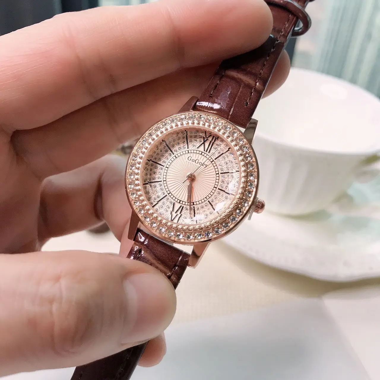 Women's Full Diamond Watch with Beige Belt