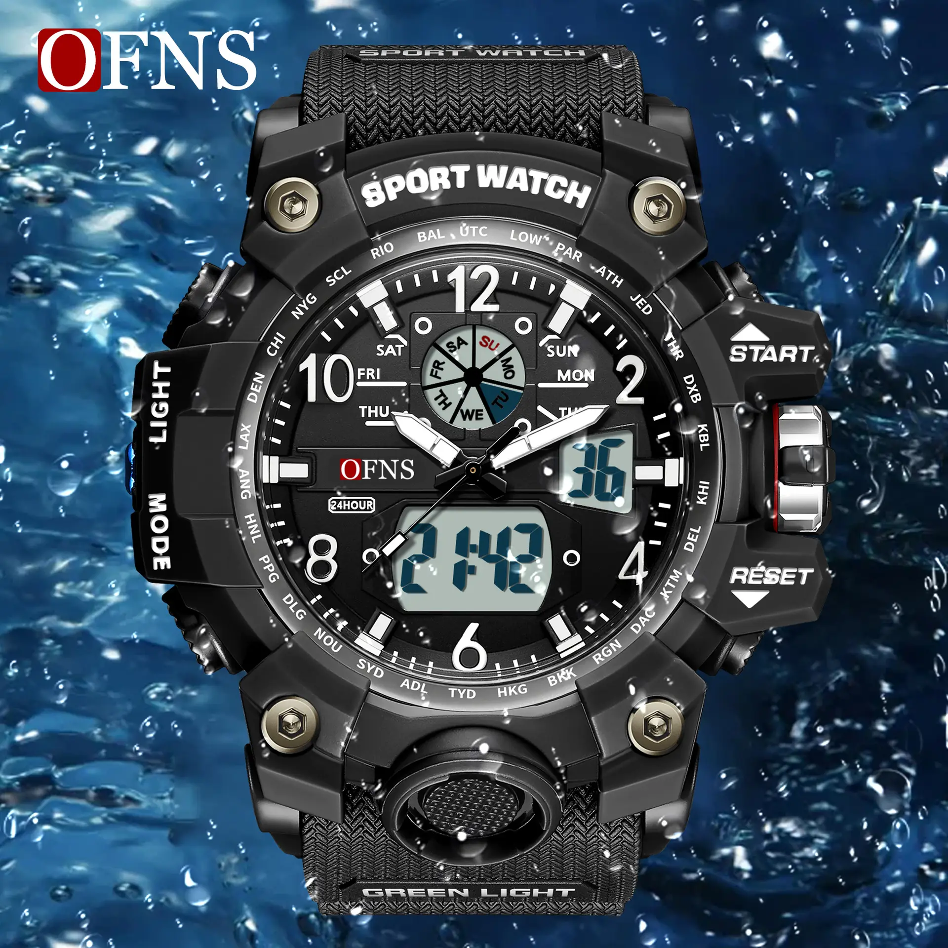 OFNS Sport Watch Double Luminous Green Digital Display
