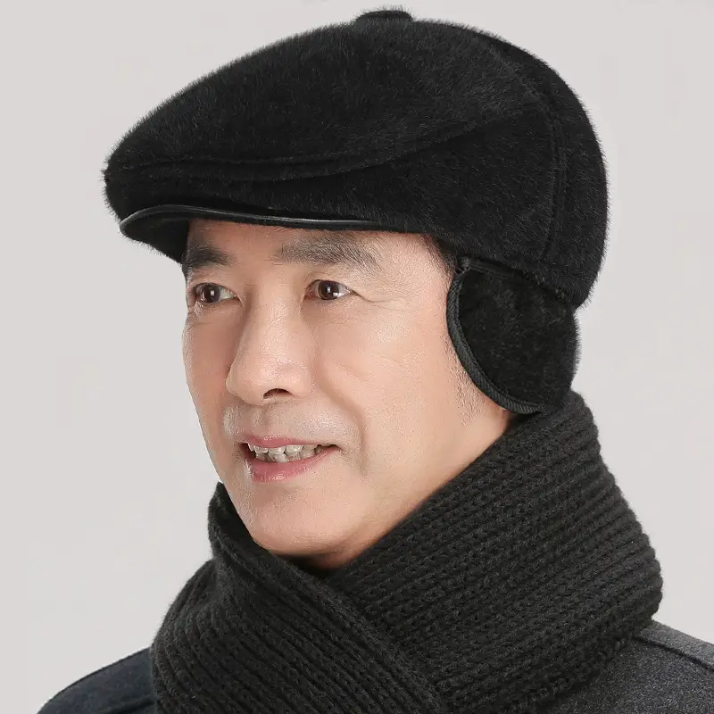 Elderly Men Winter Cap with Ear Protection Black - Image 6