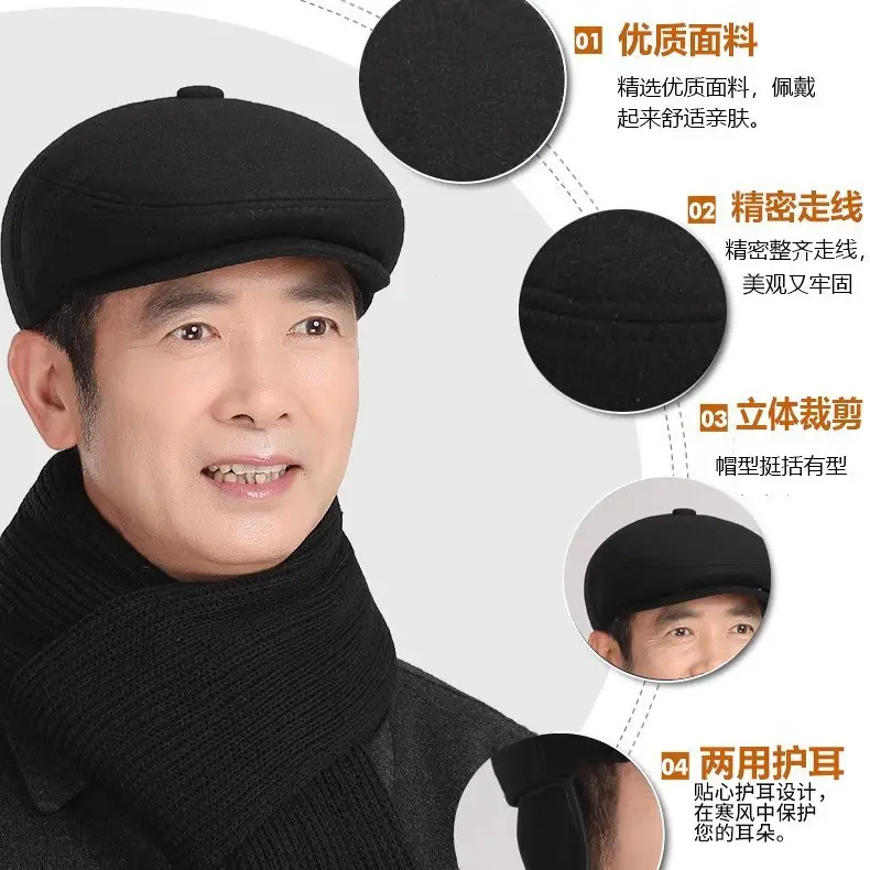 Elderly Men Winter Cap with Ear Protection Black - Image 8