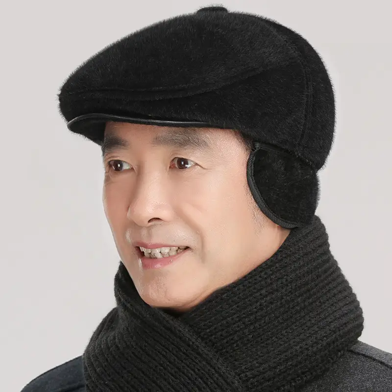 Elderly Men Winter Cap with Ear Protection Black - Image 3