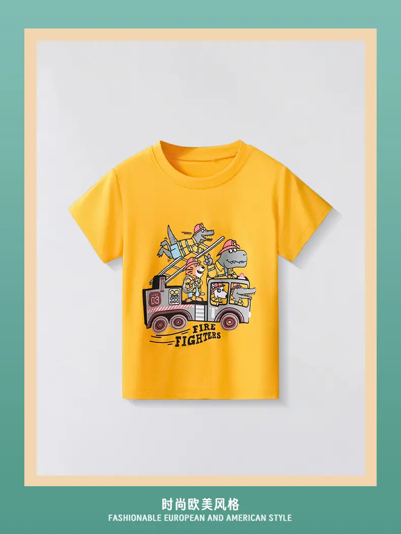 Yellow Fire Engine Graphic T-Shirt for Boys Kids — feature 2