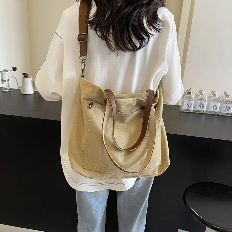 Women's Large Canvas Crossbody Bag Tan Korean Style