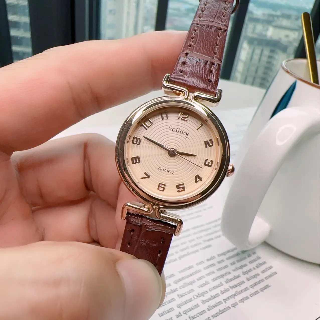 Women's Gold Dial Quartz Watch with Black Leather Strap - Image 6