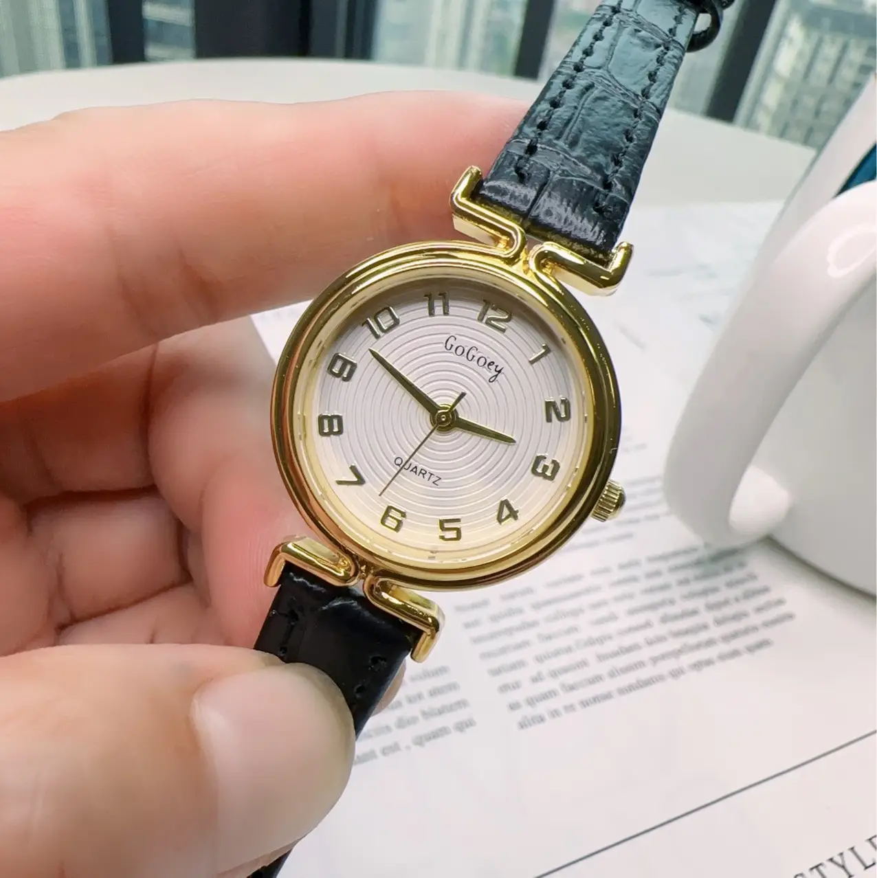 Women's Gold Dial Quartz Watch with Black Leather Strap - Image 7