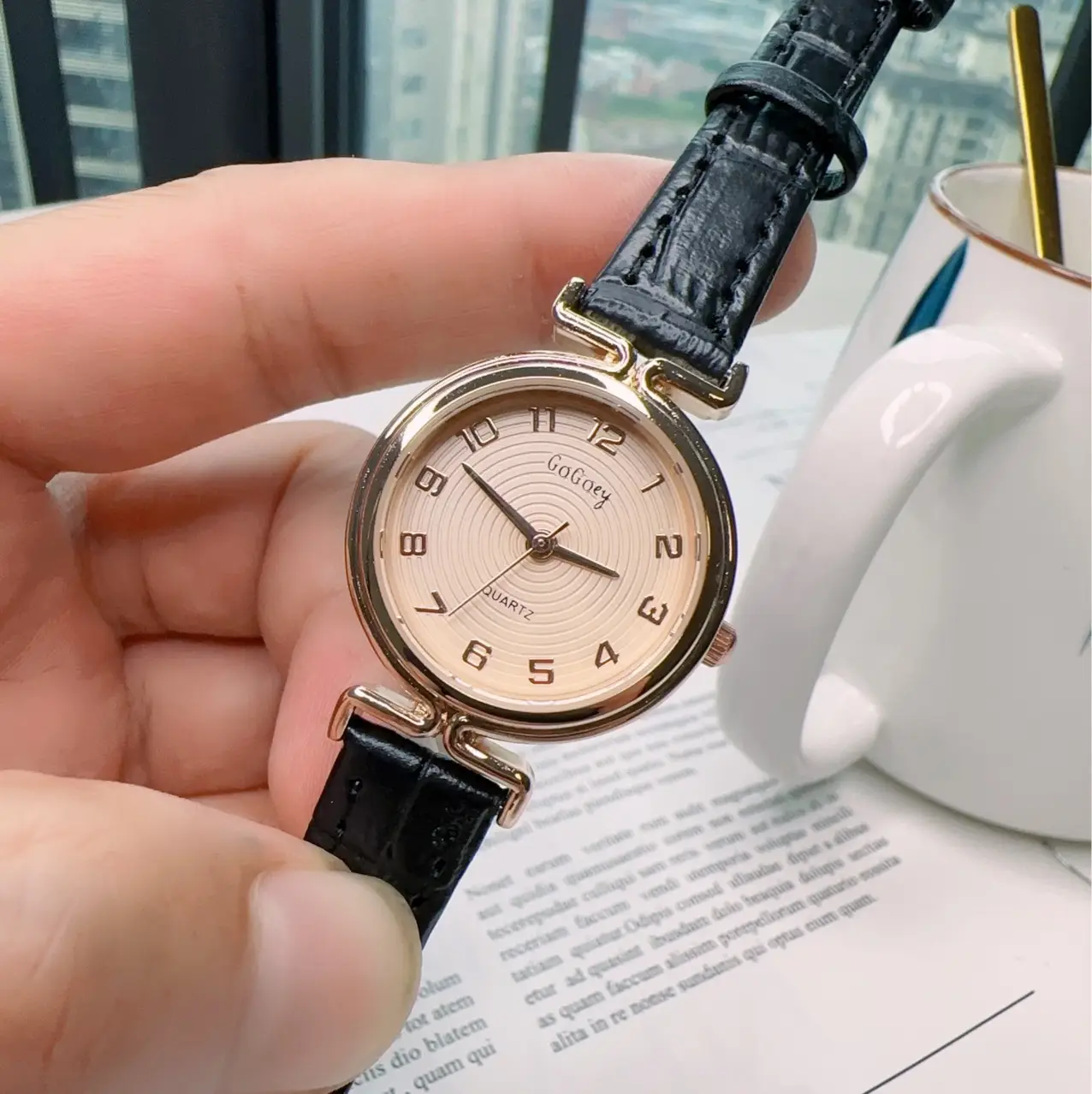 Women's Gold Dial Quartz Watch with Black Leather Strap - Image 8