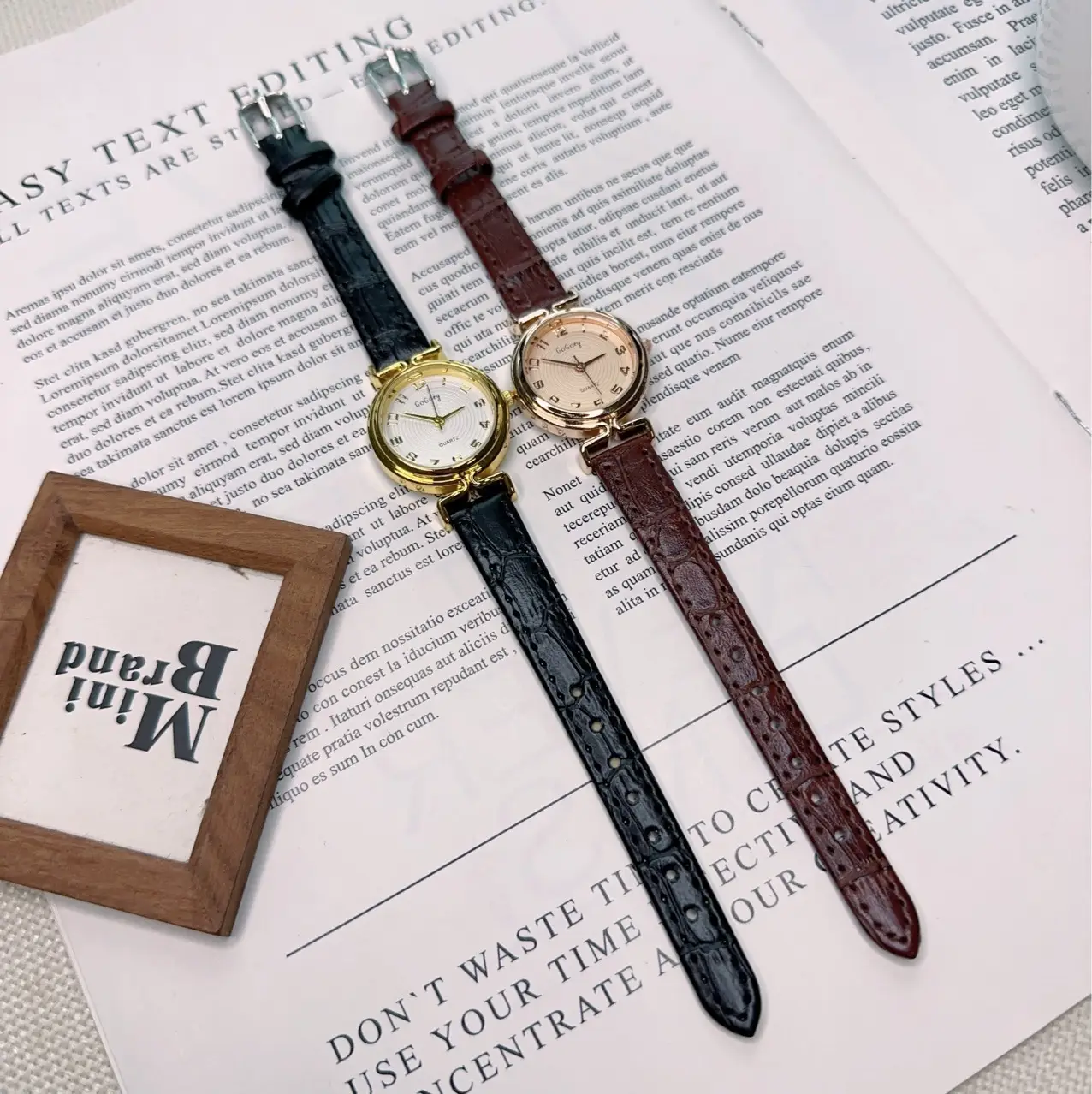 Women's Gold Dial Quartz Watch with Black Leather Strap — feature 3