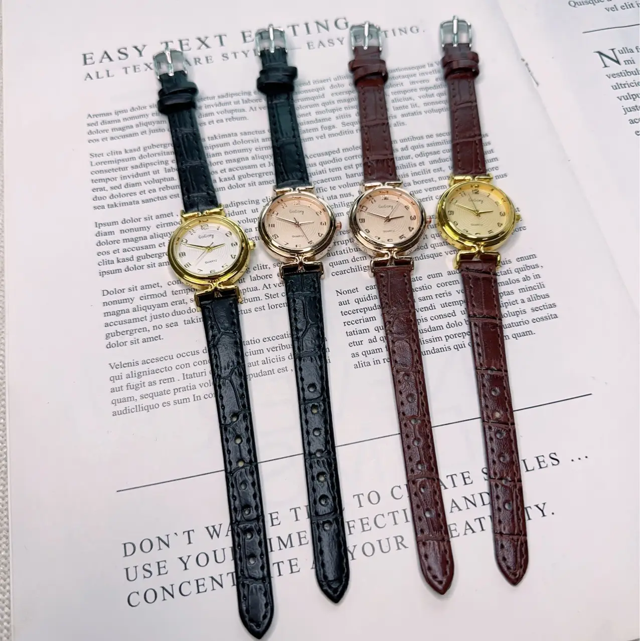Women's Gold Dial Quartz Watch with Black Leather Strap — feature 4