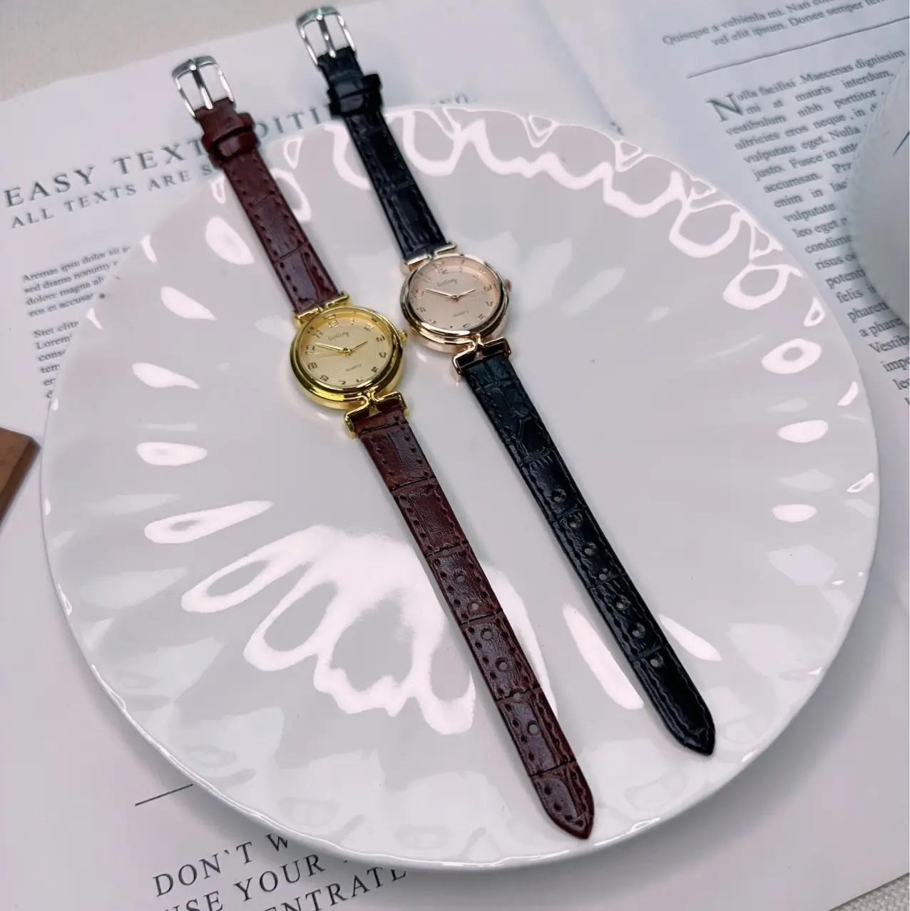 Women's Gold Dial Quartz Watch with Black Leather Strap — feature 6