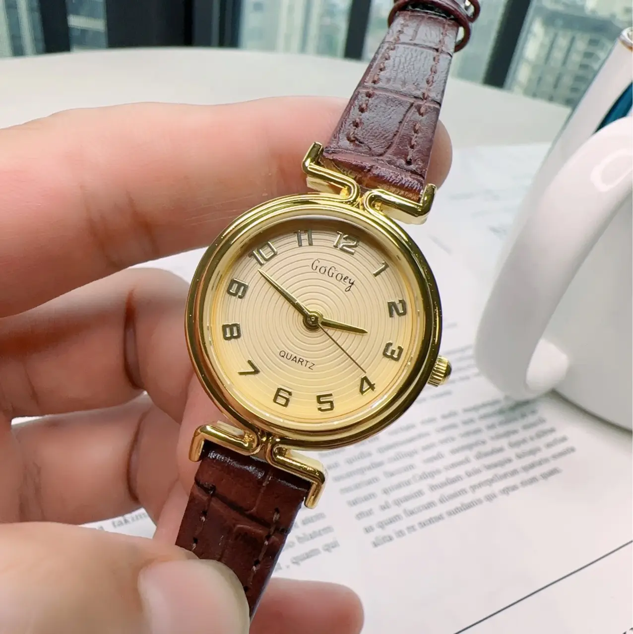Women's Gold Dial Quartz Watch with Black Leather Strap - Image 4
