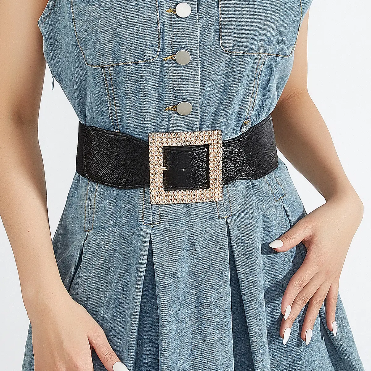 Women's Elastic Waist Belt with Square Buckle
