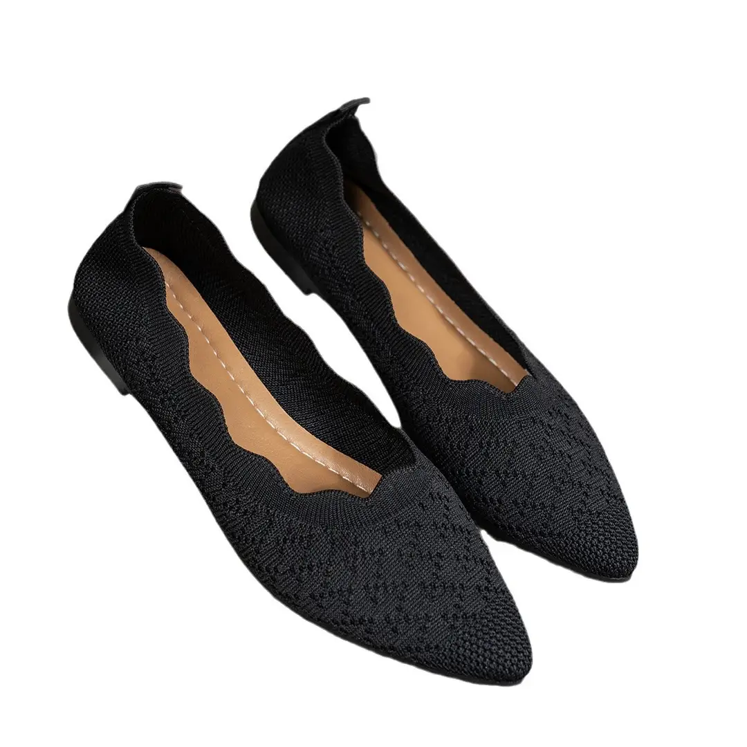 Women's Fashionable Pointed Toe Flat Large Size Shoes 2025 New Ruffled Shallow Mouth Slip-On Knitted Shoes - Image 5