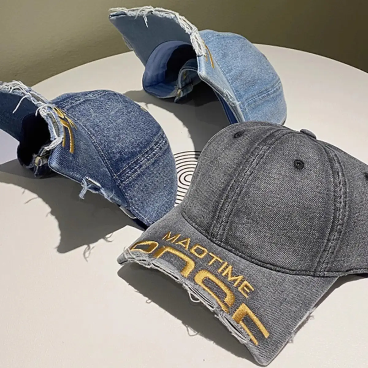 Women Distressed Denim Baseball Cap with Broken Eave & Embroidered Letter - Image 10