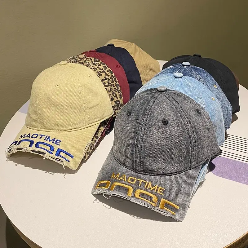 Women Distressed Denim Baseball Cap with Broken Eave & Embroidered Letter — feature 1